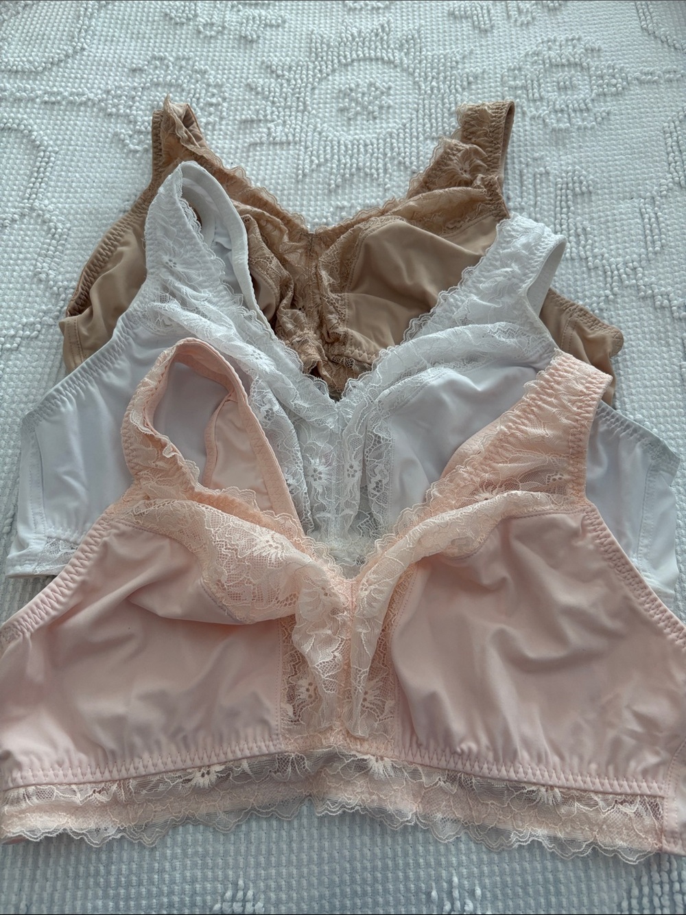 Breezies Soft Lace Trim Wireless Bra - Pink, White & Tan 2X